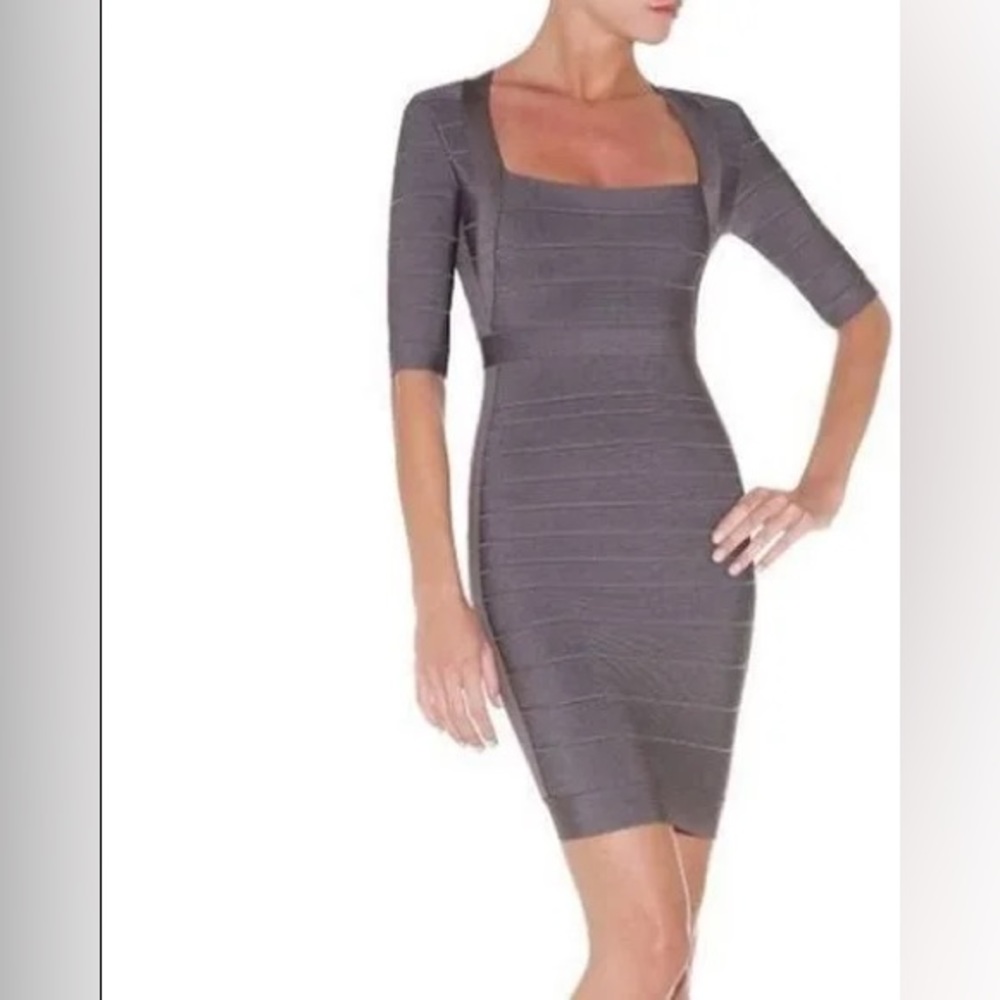 Herve Leger Grey Medina square neck bandage mini dress. Size M